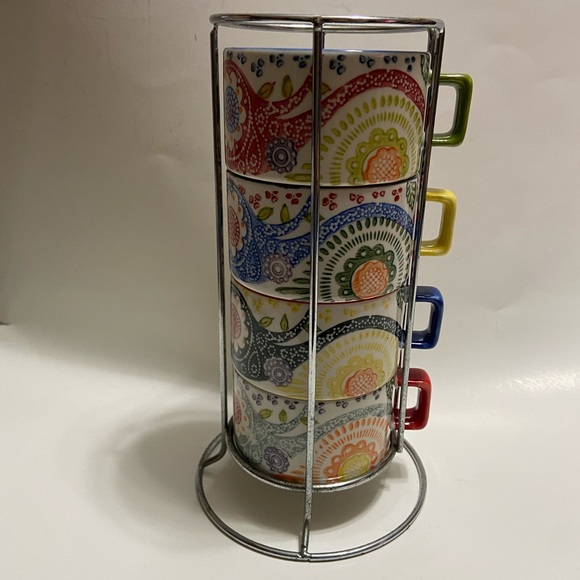 Set of 4 Pier 1 Imports Stackable Mugs Paisley Coffee Cups w/ Stand Hand Painted
